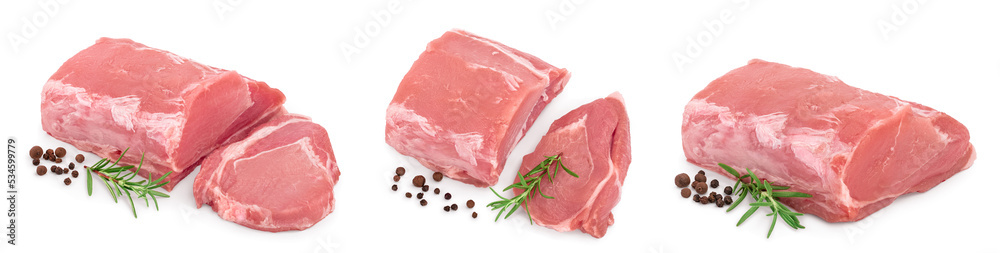 Raw pork meat with rosemary and peppercorn isolated on white background Raw pork meat with rosemary and peppercorn isolated on white background