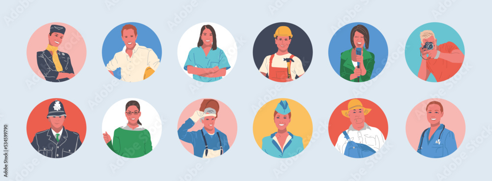 Set of portraits of people of different professions in round icons. Faces of male and female characters for social networks and web profiles. Cartoon vector illustration, isolated