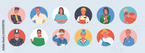 Set of portraits of people of different professions in round icons. Faces of male and female characters for social networks and web profiles. Cartoon vector illustration, isolated