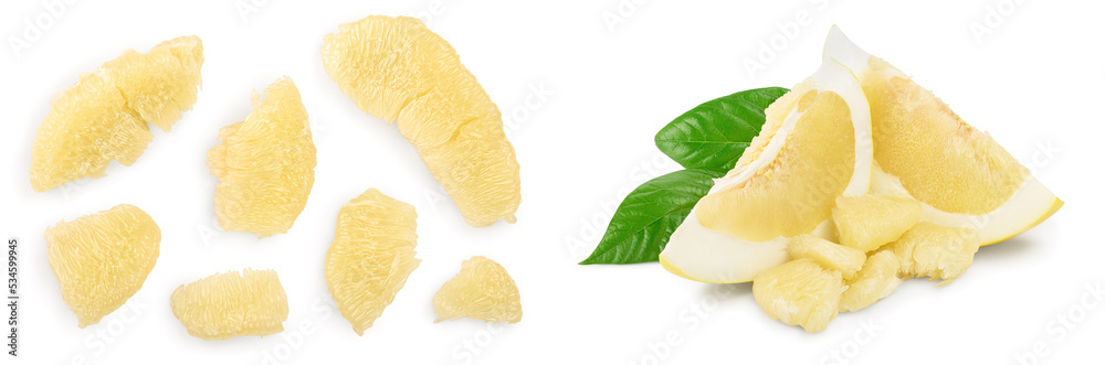 piece of pomelo isolated on white background. Top view. Flat lay. piece of pomelo isolated on white background. Top view. Flat lay.