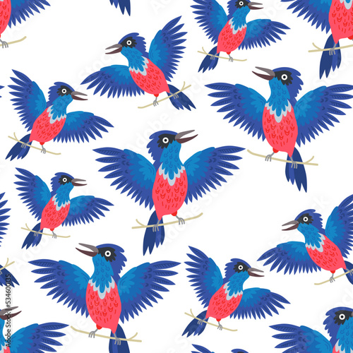 Seamless patern starling bird background for kids. Cute children design template. Bright icons for textile, wrapping paper, greeting cards or posters for kindergarten