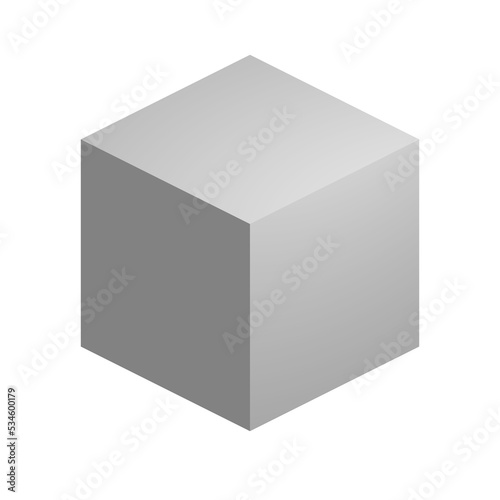 Orthographic white cube, neutral greyscale, flat grey, black and white, white background, cutout 