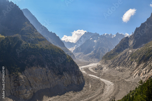 Elevated view of the Sea of Ice (Mer de Glace), a valley glacier located on the northern slopes of the Mont Blanc massif, France