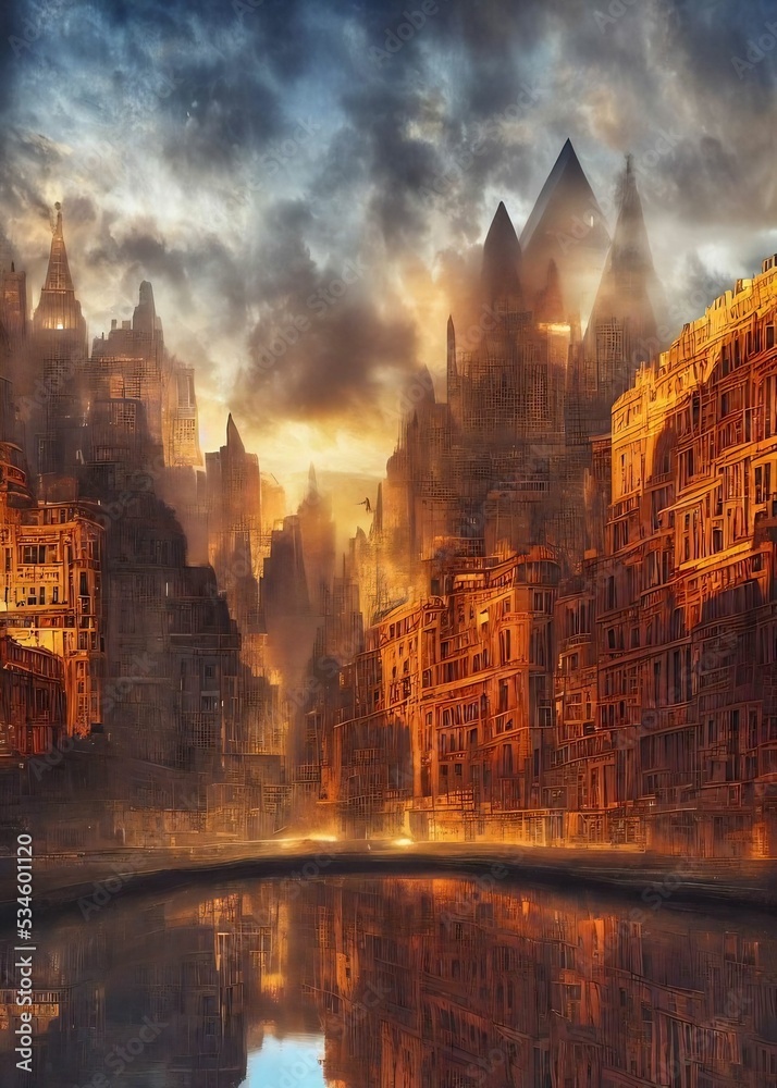 Obraz premium Futuristic city 3d illustration, vivid colors, perfect sky