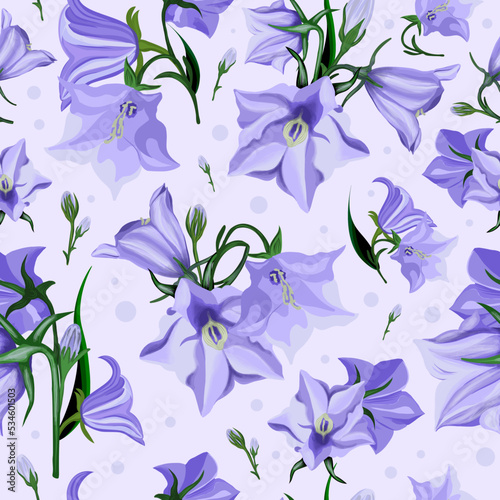 Blue bell flowers pattern. Field blue flowers on a dull background. Vector illustration