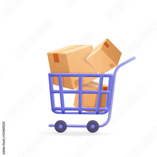 3d vector cartoon render Shopping cart or trolley with paper boxes or cardboard package template web banner.  Shipping, Online shopping, digital marketing, delivery, online store concept.