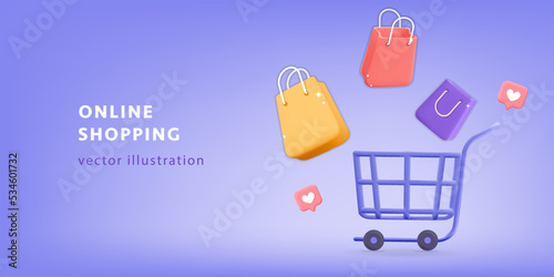 Online Shopping cart or trolley with gift multicolor bags  like social media icons template web banner. Realistic render 3d vector illustration. Online shopping, digital marketing, delivery.