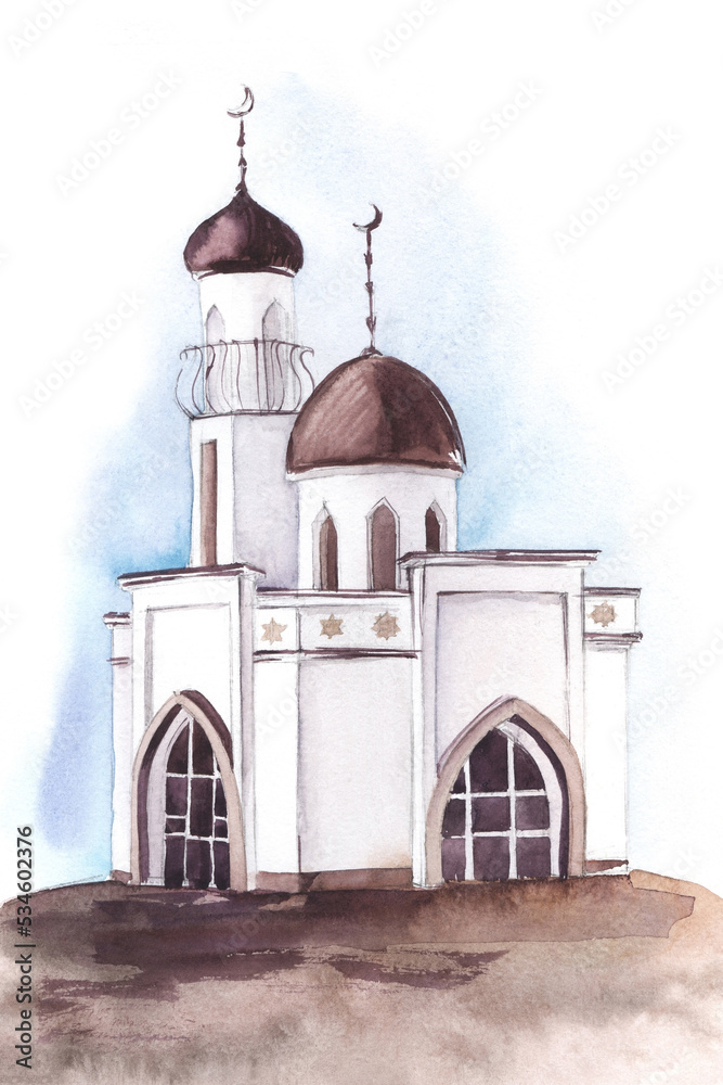 Obraz premium White stone walled mosque with one dome. Dark roofs blue sky. Muslim building one minaret. Hand painted watercolor post card illustration. Colorful light sketchy drawing on paper background