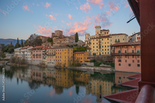 Beautiful view on Bridge of Bassano del Grappa, during sunset, Vicenza, Veneto.  