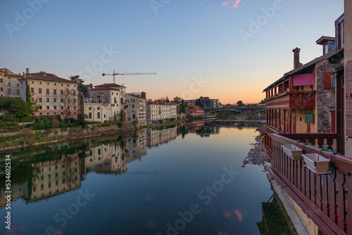 Beautiful view on Bridge of Bassano del Grappa, during sunset, Vicenza, Veneto.  