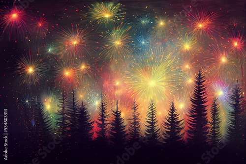 3d illustration of magical fireworks and sparkling lights. 