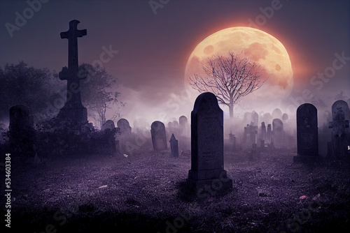 3d illustration of Spooky graveyard at Halloween.	 photo