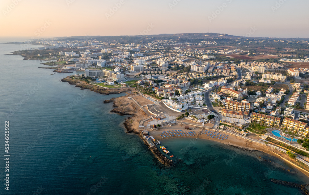 Coastline of touristic village of Pernera, Protaras Cyprus.  Drone aerial scenery of holiday resort