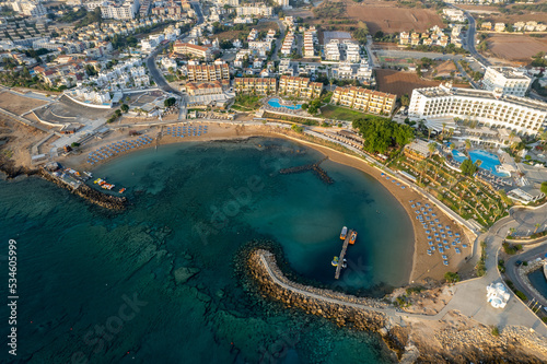 Coastline of touristic village of Pernera, Protaras Cyprus. Drone aerial scenery of holiday resort