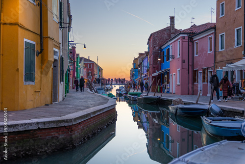 View on colorful Burano's lagoon in a winter day during sunset. Burano, Venice, Italy