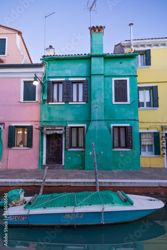 View on colorful Burano's lagoon in a winter day during sunset. Burano, Venice, Italy