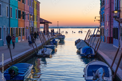 View on colorful Burano's lagoon in a winter day during sunset. Burano, Venice, Italy