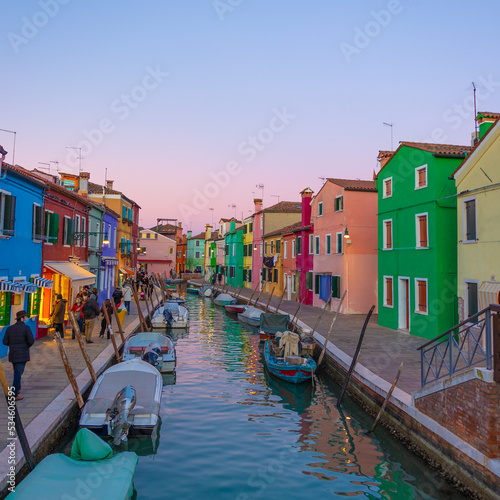View on colorful Burano's lagoon in a winter day during sunset. Burano, Venice, Italy