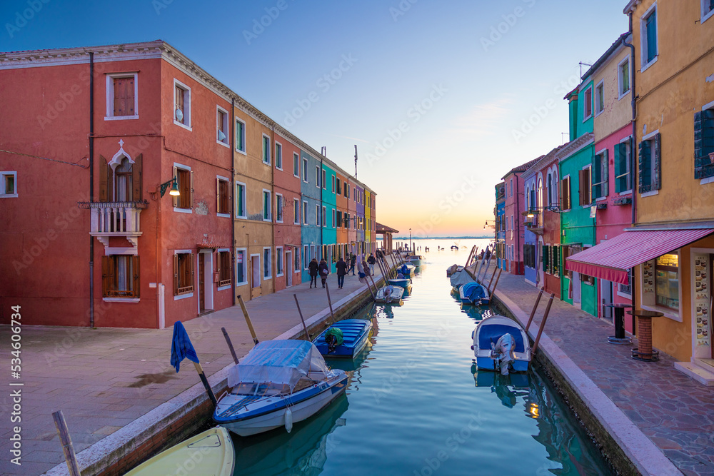View on colorful Burano's lagoon in a winter day during sunset. Burano, Venice, Italy