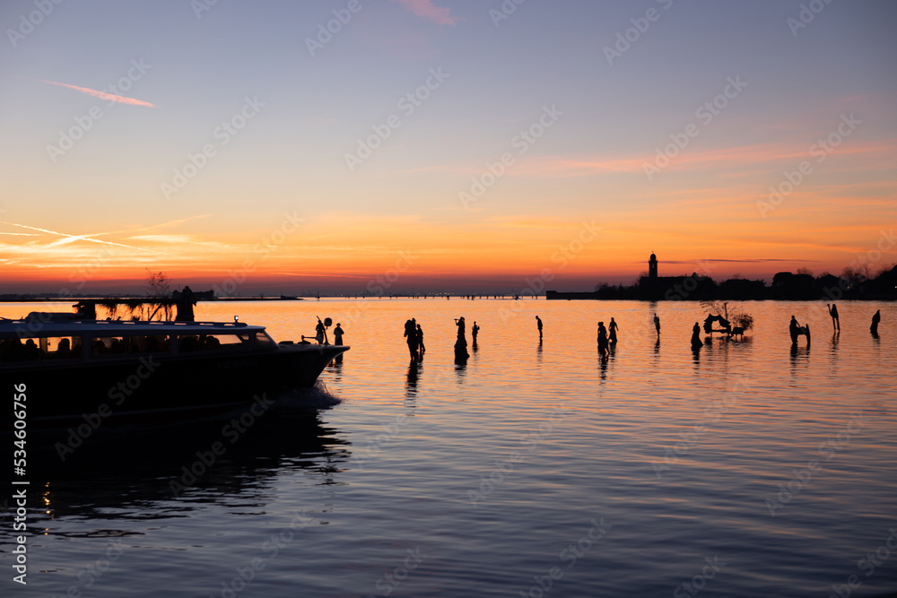 Beautiful frame of sunset from Burano island. Venice, Veneto, Italy. 