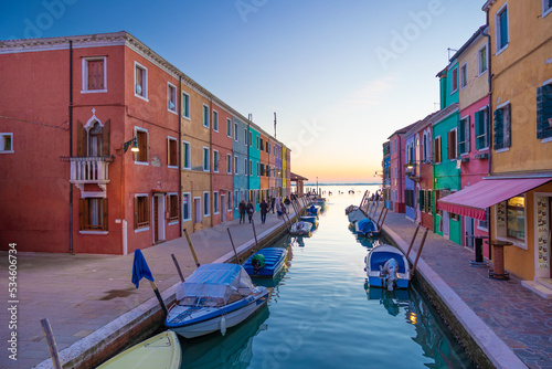 View on colorful Burano's lagoon in a winter day during sunset. Burano, Venice, Italy © Matteo