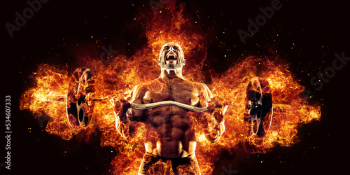 Fényképezés The shirtless abdominal male holds dumbbell