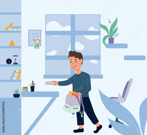 Schoolboy packs a backpack, morning pickup for school. A boy with a backpack in his room. Vector Back to School Illustration