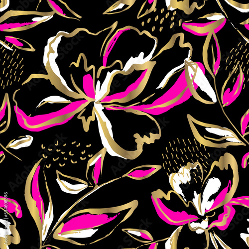 Fashion floral black background. Seamless pattern with flowers and gold elements.