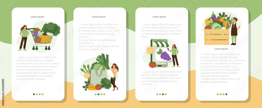 Online shopping for groceries  mobile application banner set. Character buying online fresh organic vegetables, putting in shopping basket and veggie box delivery. Local production support concept. 