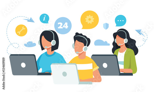 Vector illustration, customer service, hotline operator advises customer, online global technical support, customer and operator vector. Technicians with lap tops