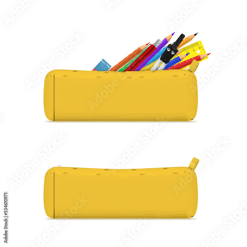 Bilde på lerret Yellow school pencil case closed and open with stationery set realistic vector i