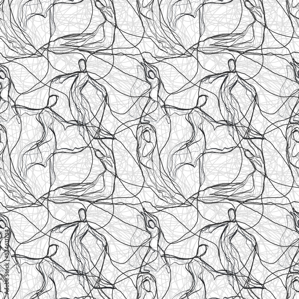 Black and white abstract pattern, dancing girls, chaotic lines.