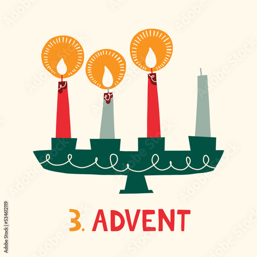 Three Burning Candles in Candle Holder Retro Scandinavian Christmas Card. Nordic Style Flat Illustration. Winter Holidays Wallpaper. Christmas Advent Vector Graphic Print
