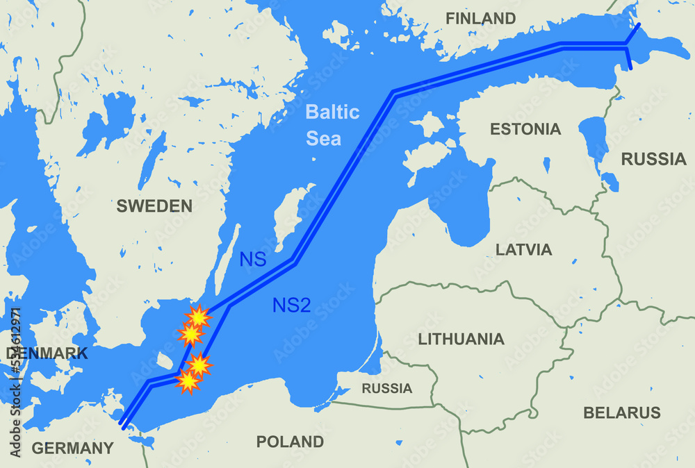 Nord Stream leak on map, sites of explosions of natural gas pipelines - obrazy, fototapety, plakaty 
