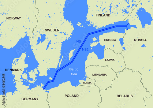 Nord Stream 1 and 2 on map, natural gas pipelines from Russia to Germany photo