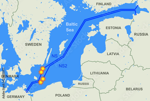 Nord Stream leak on map, sites of explosions of natural gas pipelines photo