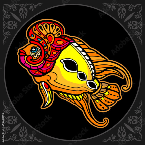 Colorful Flower horn fish mandala arts isolated on black background