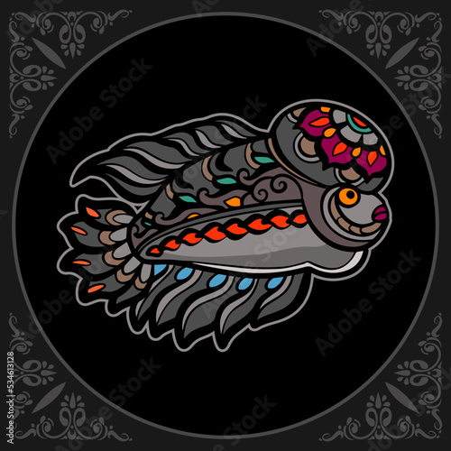 Colorful Flower horn fish mandala arts isolated on black background