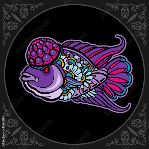 Colorful Flower horn fish mandala arts isolated on black background