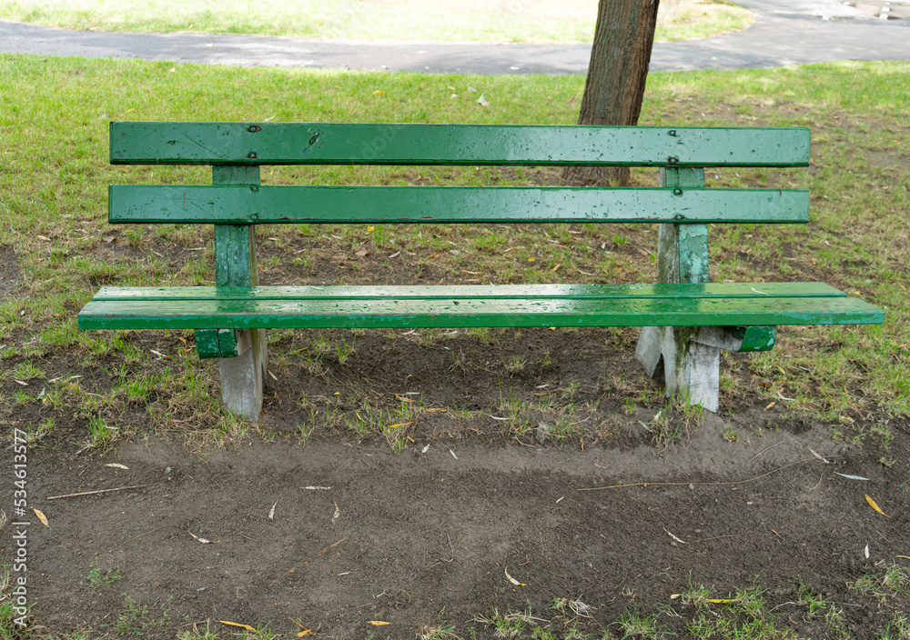Old Green Wooden Bench in Park, Outdoor Wood Benches, Public Furniture Old Green Wooden Bench in Park, Outdoor Wood Benches, Public Furniture
