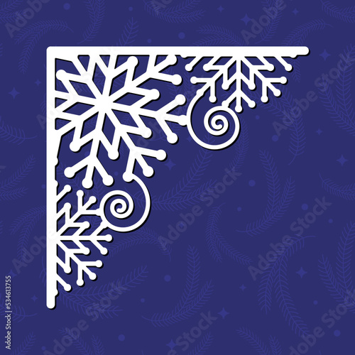 Laser cutting template of Christmas corner with snowflakes. Silhouette of openwork corner with lace ornament. Xmas tree decoration for wood cut out. Vector illustration on blue background.