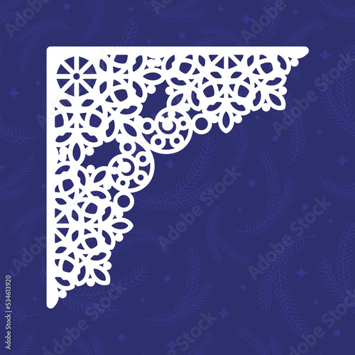 Laser cutting template of Christmas corner with snowflakes. Silhouette of openwork corner with lace ornament. Xmas tree decoration for wood cut out. Vector illustration on blue background.