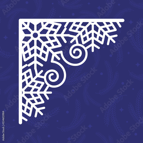 Laser cutting template of Christmas corner with snowflakes. Silhouette of openwork corner with lace ornament. Xmas tree decoration for wood cut out. Vector illustration on blue background.