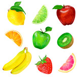 Set of fruits red apple, green apple, lemon, strawberry, orange slice, lime slice, grapefruit slice, banana, kiwi half. Painted in watercolor
