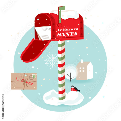 Mailbox with wish list letters from children for Santa Claus. Classic decorative Christmas red post box on stick, envelopes, winter snowy landscape, cute robin bird. Vector illustration in round frame