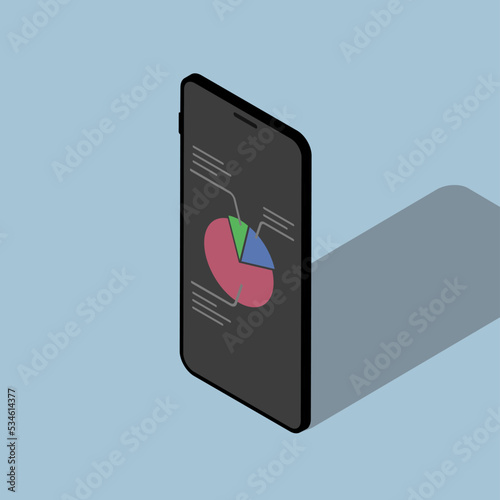 Smartphone. Isometric phone. 3D smartphone. Stock market  trading graph, exchange. Pie chart on smartphone screen