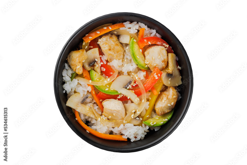 Noodles wok, with vegetables, herbs and sesame. In a black round plate. On a white background.