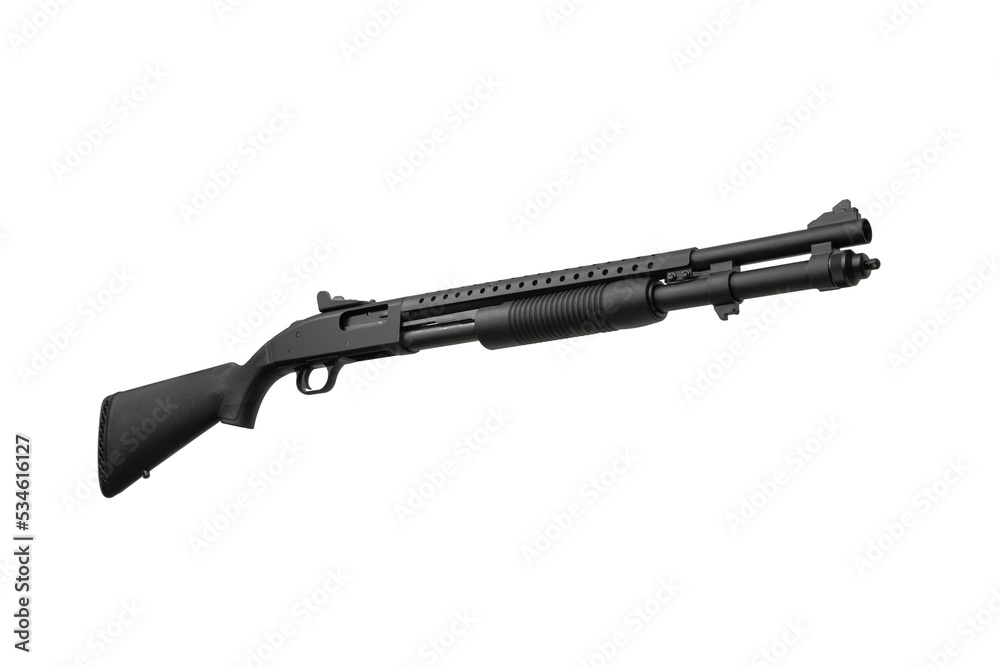 Pump-action 12 gauge shotgun isolated on a white back. Close-up shot of part of a shotgun. A smooth-bore weapon with a plastic stock. Pump-action 12 gauge shotgun isolated on a white back. Close-up shot of part of a shotgun. A smooth-bore weapon with a plastic stock.
