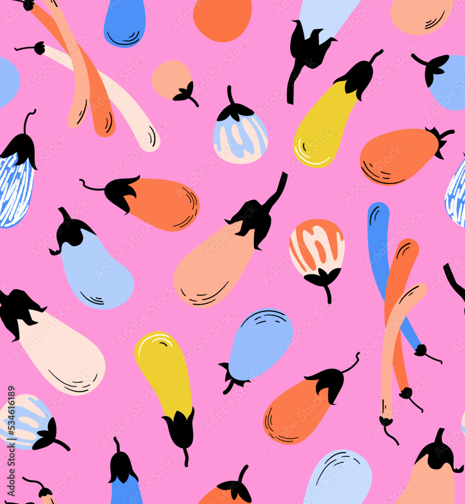 Eggplant vector seamless pattern. Bright Retro harvest vegetable background for kitchen textile, wallpaper, wrapping paper Eggplant vector seamless pattern. Bright Retro harvest vegetable background for kitchen textile, wallpaper, wrapping paper