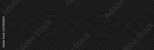 Banner, cover design. Embossed geometric unique 3d pattern on black background, boho style, paper press. Tribal ornamental ethnos. Traditions of the East, Asia, India, Mexico, Aztecs, Peru.